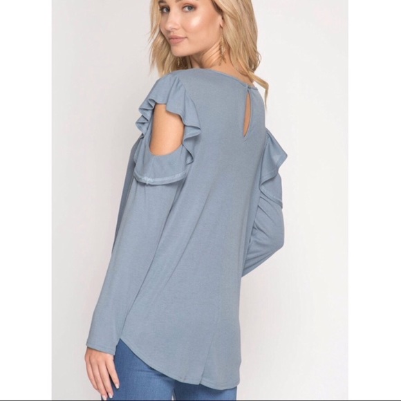 🆕 Misty Blue ruffled L/S cold shoulder top - Picture 3 of 4